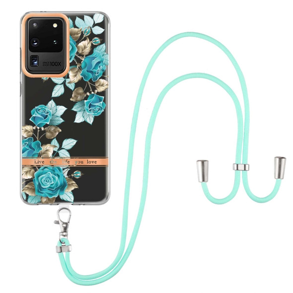 For Samsung Galaxy S20 Ultra 5G Flowers Series TPU Phone Case with Lanyard(Blue Rose)