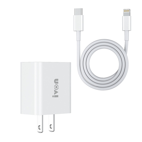 IVON AD48 18W PD Fast Charger + USB-C / Type-C to 8 Pin Data Cable Set, US Plug