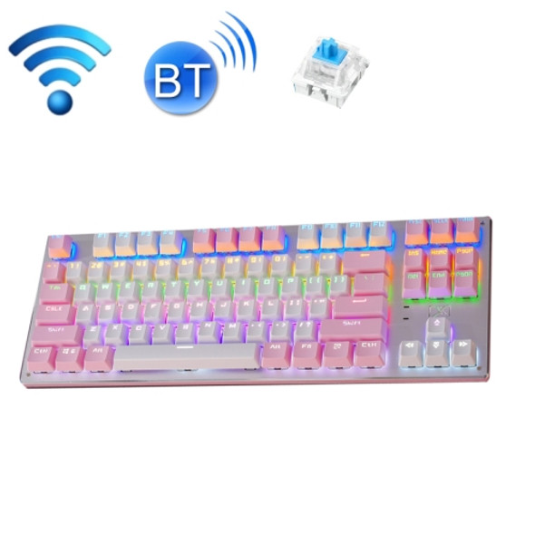 Technology 87-key Wireless Wired Bluetooth Three-mode Gaming Mechanical Keyboard(White Pink Rainbow Light Green Shaft)