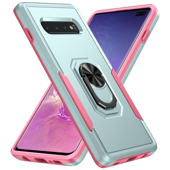 For Samsung Galaxy S10+ Pioneer Armor Heavy Duty PC + TPU Holder Phone Case(Green + Pink)