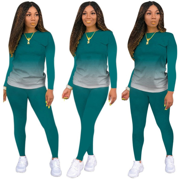 Fall Gradient Casual Long-sleeved Sweatshirt + Trousers Suit For Ladies (Color:Dark Green Size:L)