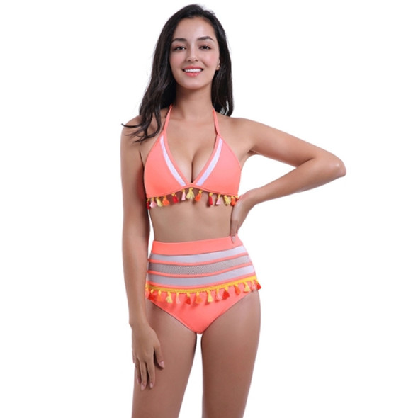 Sexy Hanging Neck Split Swimsuit High Waist Lace Bikini, Size: L(Orange)