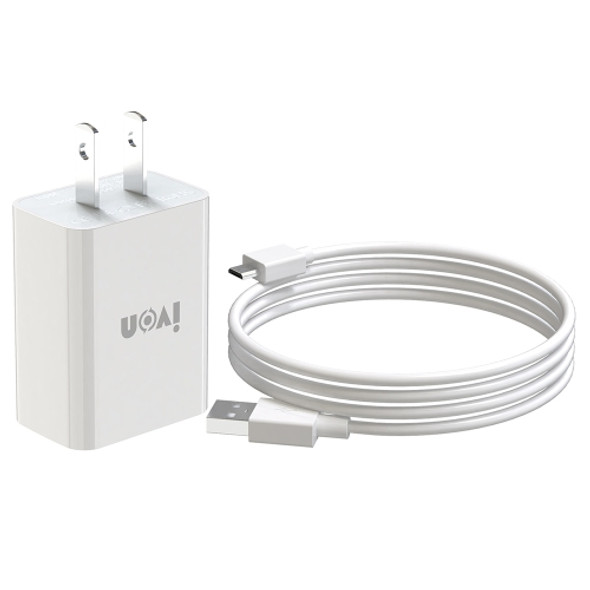 IVON AD-33 2 in 1 2.1A Single USB Port Travel Charger + 1m USB to Micro USB Data Cable Set, US Plug(White)