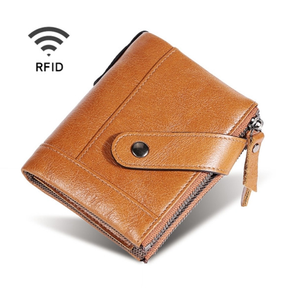 TP-197 Oil Wax Leather Multi-functional Double Zipper Clasp Antimagnetic Change RFID Leather Wallet(Brown)