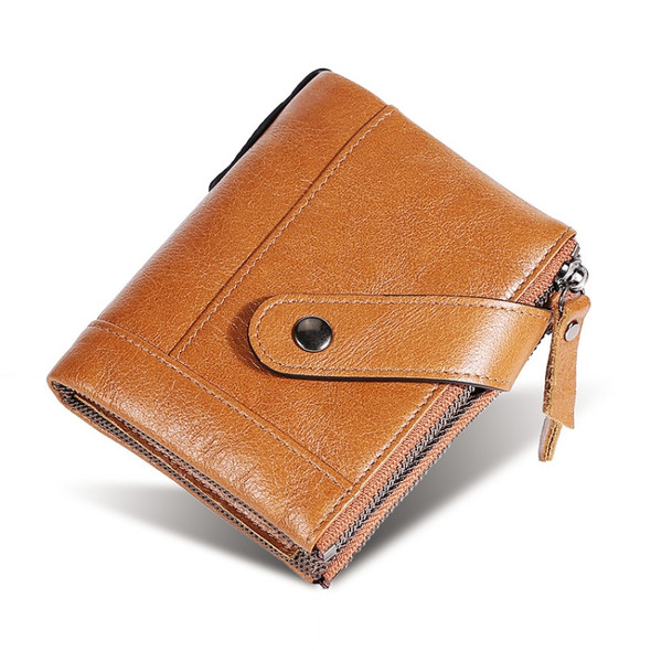 TP-197 Oil Wax Leather Multi-functional Double Zipper Clasp Antimagnetic Change RFID Leather Wallet(Brown)