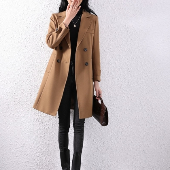 Fall Solid Color Double-sided Mid-length Woolen Coat For Ladies (Color:Light Brown Size:L)