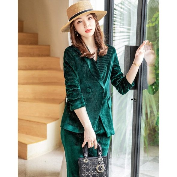 Autumn Winter Gold Velvet Fabric Suit Jacket + Trousers Suit for Ladies (Color:Green Size:M)