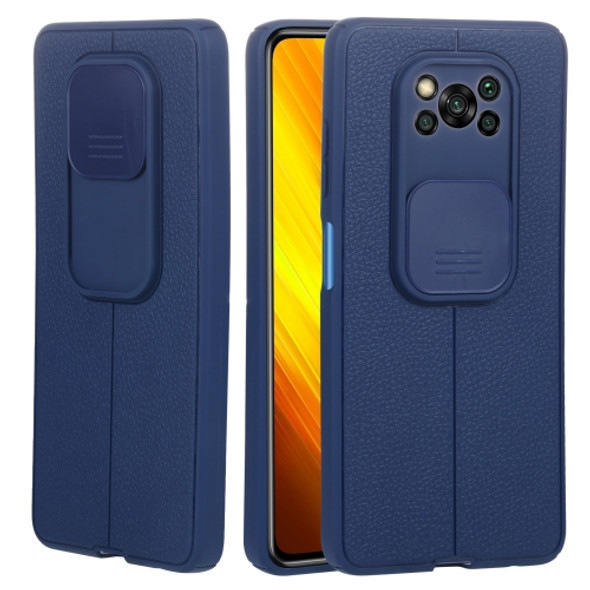 For Xiaomi Poco X3 Litchi Texture Sliding Camshield TPU Protective Phone Case(Blue)