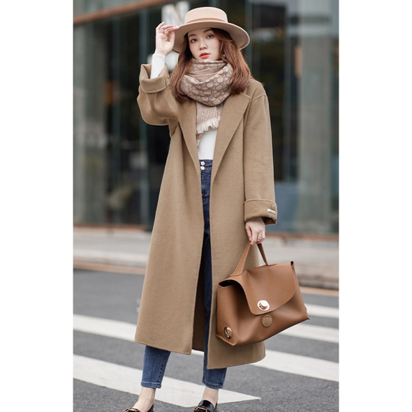 Winter Solid Color Double-sided Mid-length Loose Woolen Coat With Belt for Women (Color:Camel Size:L)