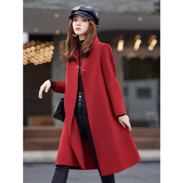 Winter Solid Color Double-sided Mid-length Loose Woolen Coat for Women (Color:Red Size:M)