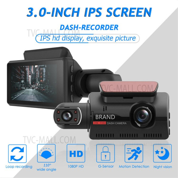 A68 3 inch 110 Degrees Car DVR 1080P HD Parking Monitoring Loop Recording Dash Cam Front Rear Dual Camera Driving Recorder