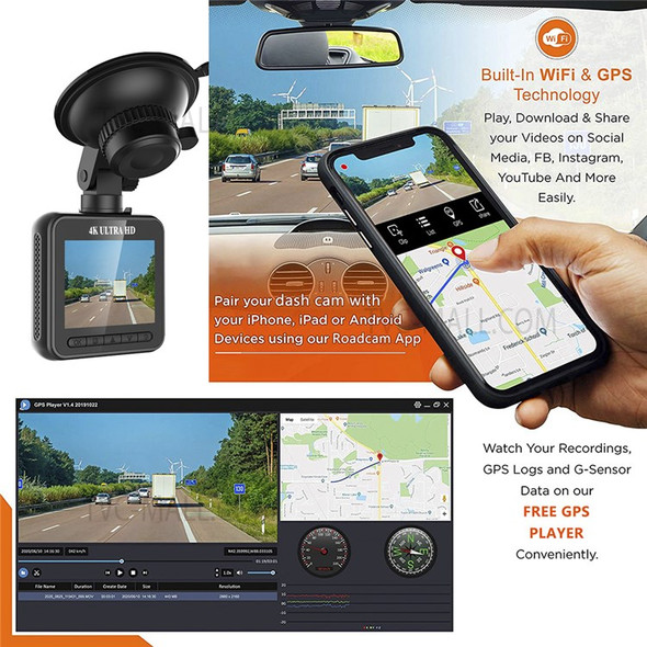 V52 True 4K UHD Driving Recorder 3840x2160P + External GPS Module WiFi Recorder with Loop Recording Smart Voice Interaction