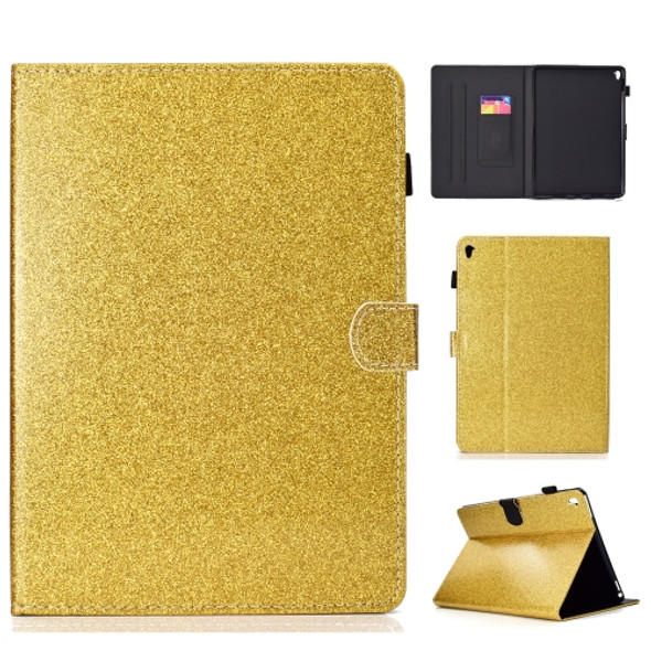 For iPad Pro 9.7 Varnish Glitter Powder Horizontal Flip Leather Case with Holder & Card Slot(Gold)