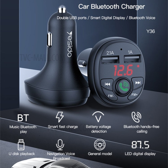 YESIDO Y36 Bluetooth Car MP3 FM Transmitter Hands-free Call Music Player Dual USB Phone Charger