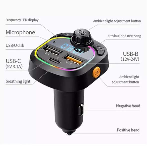 C28 Bluetooth FM Transmitter Hands-free Call Car MP3 Music Player Type-C + Dual USB Phone Charger with Colorful Light