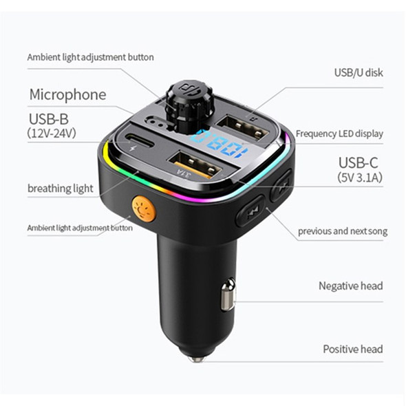 C26 Bluetooth Hands-free Call Car MP3 Music Player Type-C + Dual USB Phone Fast Charging Car Charger FM Transmitter