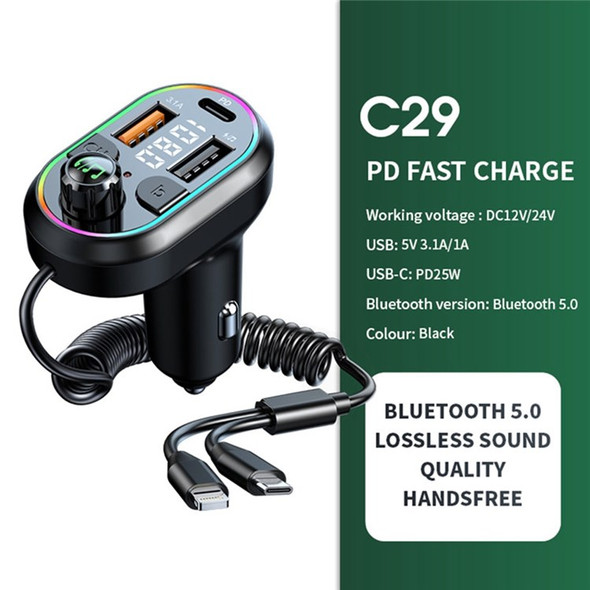 C29 Bluetooth Hands-free Call Car MP3 Player FM Transmitter PD Type-C + Dual USB Car Charger with Lightning+Type-C Cable