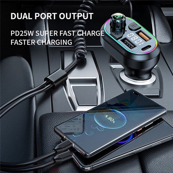 C29 Bluetooth Hands-free Call Car MP3 Player FM Transmitter PD Type-C + Dual USB Car Charger with Lightning+Type-C Cable