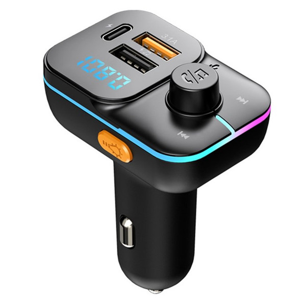 C24 Bluetooth Hands-free Call Car MP3 Music Player FM Transmitter Type-C + Dual USB Car Charger with Colorful Light