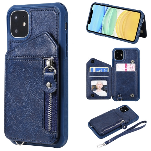 For iPhone 11 Dual Buckles Zipper Shockproof Back Cover Protective Case with Holder & Card Slots & Wallet & Lanyard & Photos Frames(Blue)