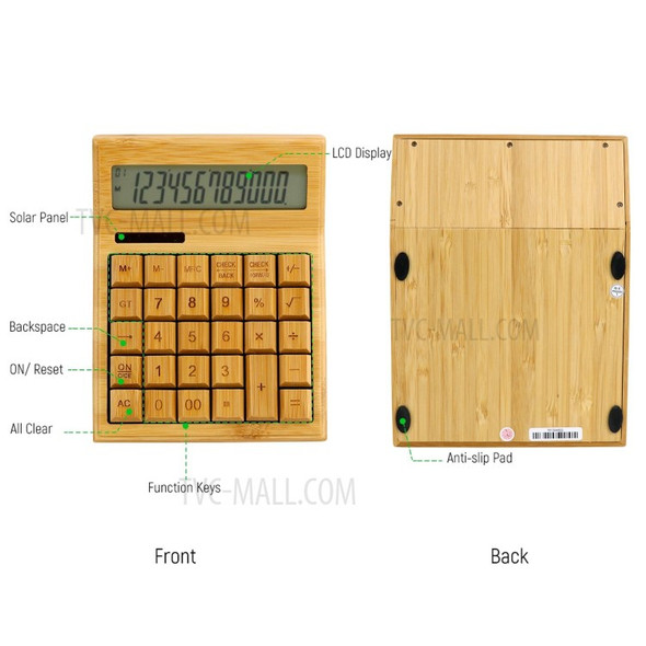 Multifunctional Bamboo Electronic Calculator Counter 12 Digits Solar & Battery Dual Powered