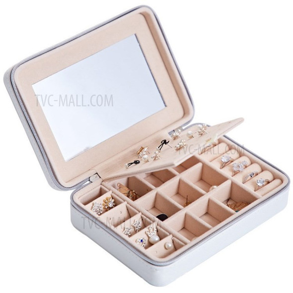 Necklace Jewellery Box Organizer Small Travel PU Leather Ring Earrings Storage Case - White//Mirror Style