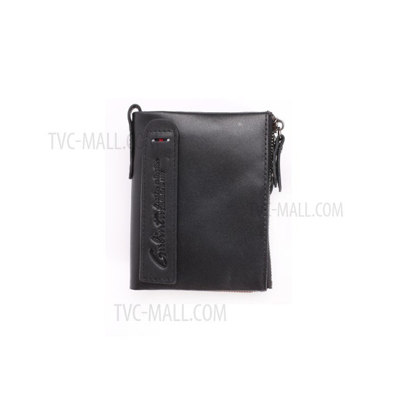 Retro Style Top-layer Cowhide Leather Card Slots Holder Purse Zipper Short Wallet - Black