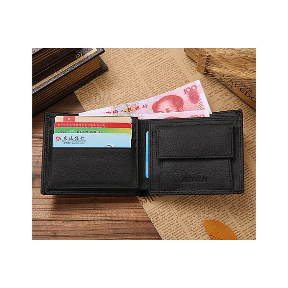 JINBAOLAI Top Layer Cowhide Leather Card Slots Bi-fold Wallet Coin Purse for Men - Black