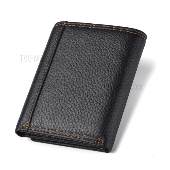 Anti-magnetic Anti-theft Swiping Multi-card Three-fold Cowhide Leather Men's Wallet - Black