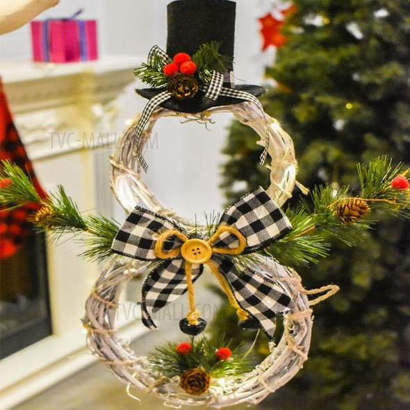 Christmas Wreath LED String Lights Snowman Christmas Garland Rattan Door Xmas Tree Decoration-Black - Black/White