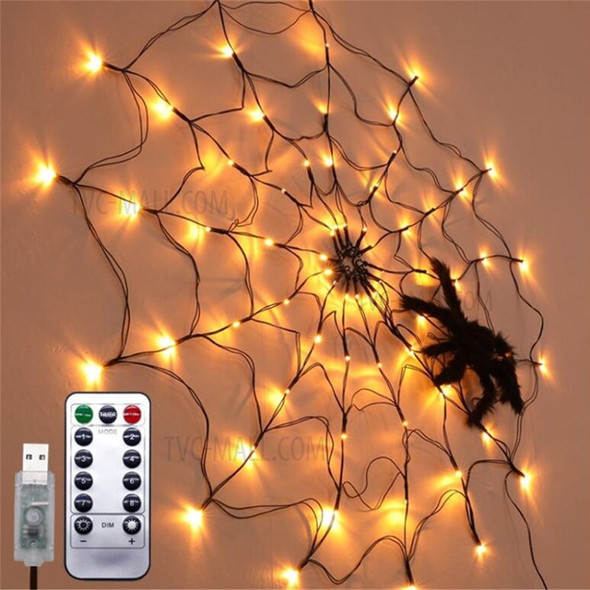 Halloween Spider Web Light with 8 Modes Remote 70-LED Lamp for House Yard Garden - USB Cable/Yellow Light