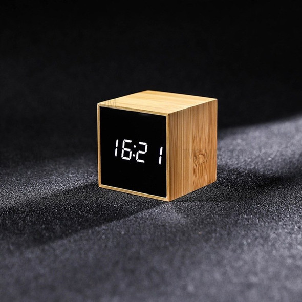 Digital LED Bamboo Wooden Square Noiseless Mirror Alarm Clock - White