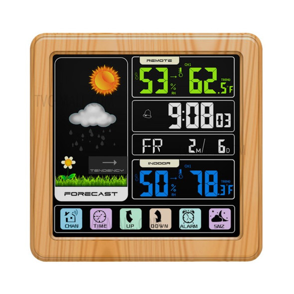 Full Touchs Screen Wireless Weather Clock Indoor Outdoor Temperature Humidity Meter - Brown