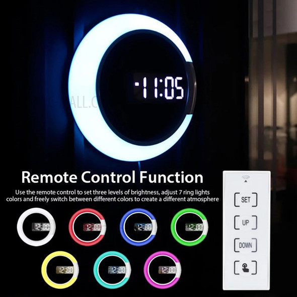 TS-S24 Creative LED Mirror Hollow Wall Clock with Alarm Temperature Ring Light Multi-color Switch