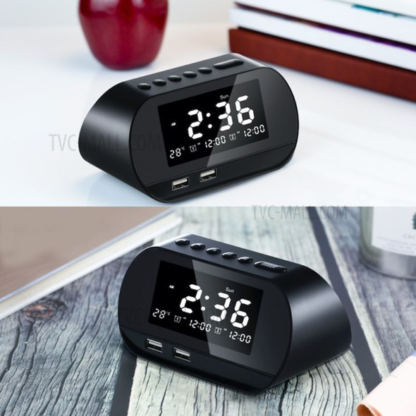 T2 Multifunctional Dual USB Phone Charger FM Radio Perpetual Calendar LCD Display Alarm Clock, CE Certificated - Black/US Plug