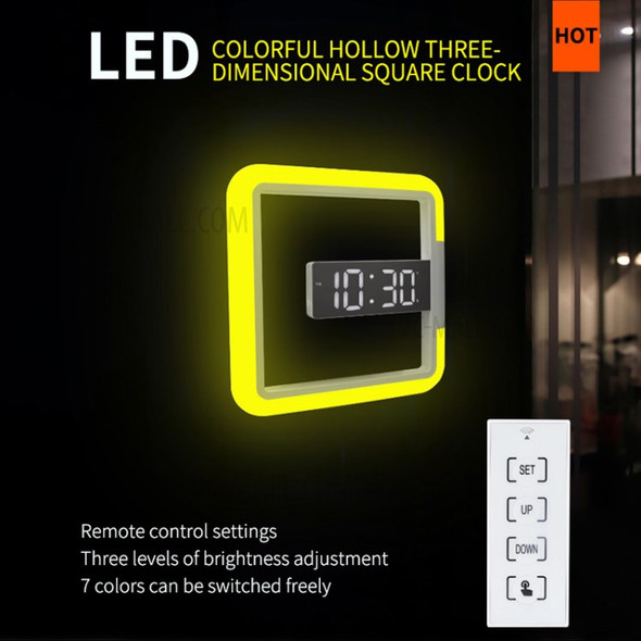 TS-S28 Square Digital Wall Clock Alarm Mirror Hollow 7 Colors Temperature Night Light with Remote Control