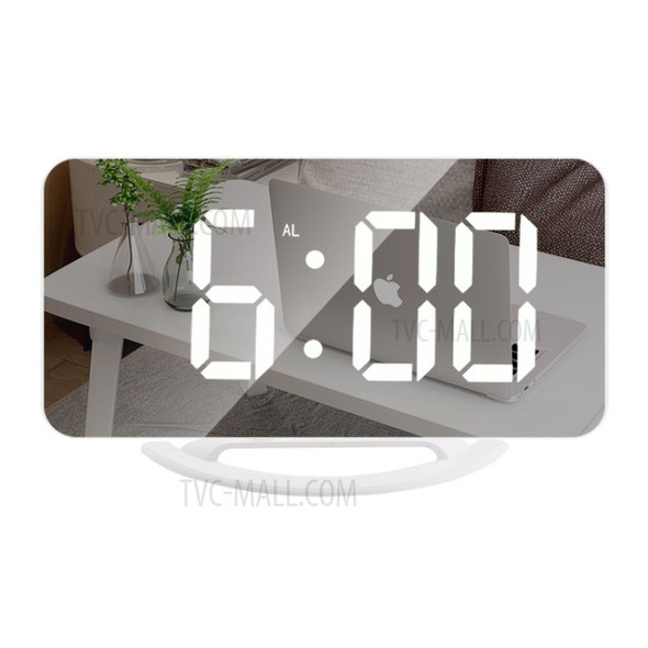 TS-8201 LED Mirror Digital Display Desk Clock Desktop Makeup Mirror Automatic Photosensitive Electronic Alarm Clock - White/White LED Display