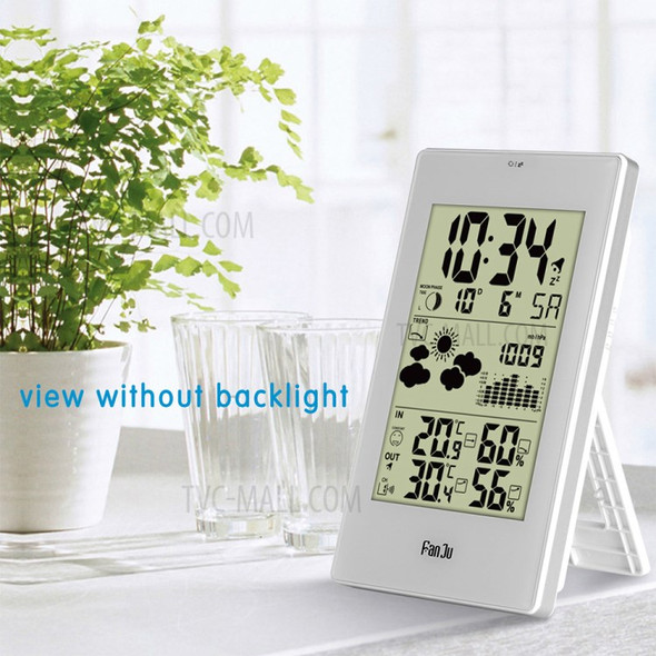 FANJU FJ3352 Wall-mounted Weather Station Clock Indoor Outdoor Temperature Humidity Digital Clock with Perpetual Calendar - White