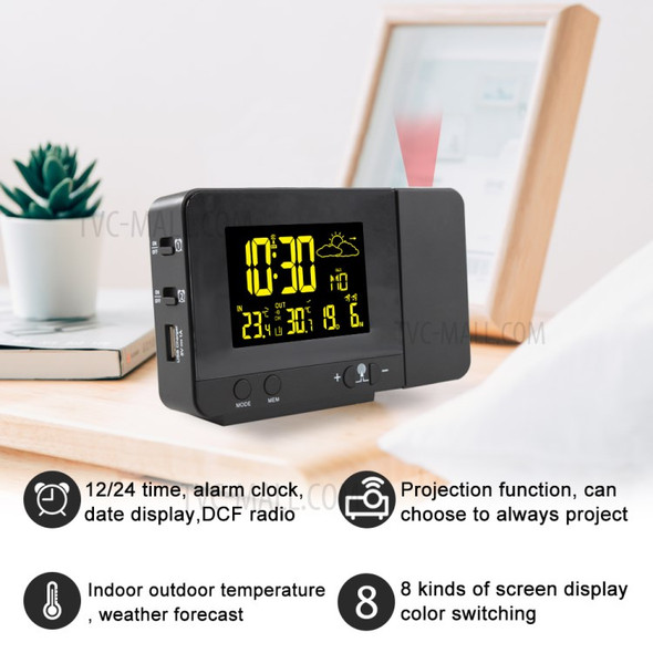FJ3531B 8 Colors Screen Projection Weather Station Alarm Clock Indoor Outdoor Temperature Digital Clock With Snooze - EU Plug