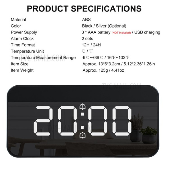 FJ3212 LED Mirror Dual Alarm Clock Automatic Light-Sensing Digital Clock with Snooze/Temperature - Black