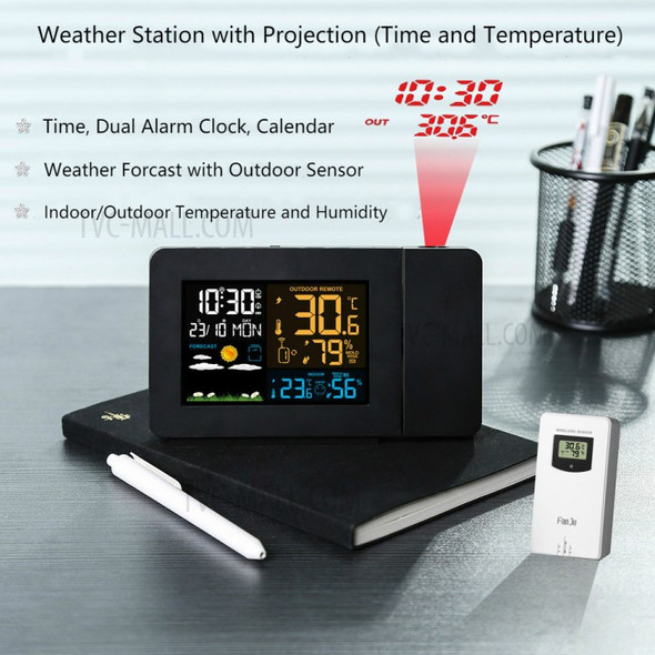 FJ3391 Multi-functional Weather Station Alarm Clock Weather Forecast Indoor Outdoor Temperature Humidity Projection Digital Clock - EU Plug