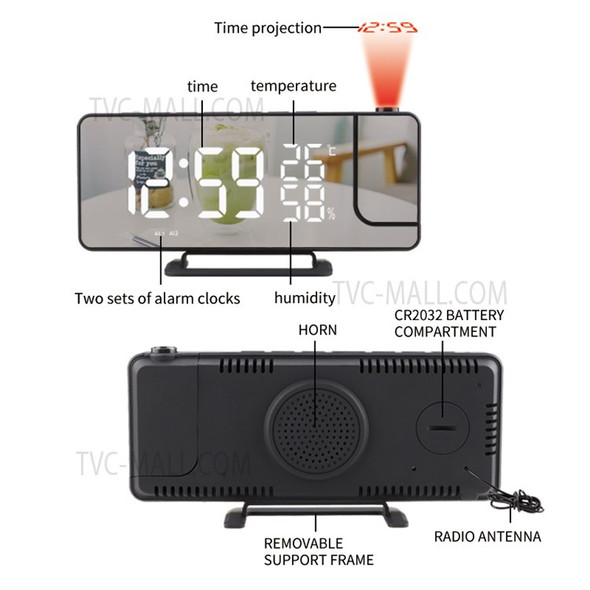 TS-9210 Mirror Surface Adjustable Brightness LED Digital Clock Time Projection FM Radio Temperature Humidity Display Alarm Clock with USB Output Function