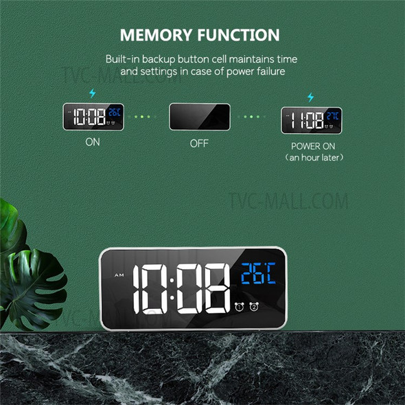 LD8808 LED Music Clock Bedside Alarm Clock with Mirror Face Large Screen Digital Clock for Desktop - Black
