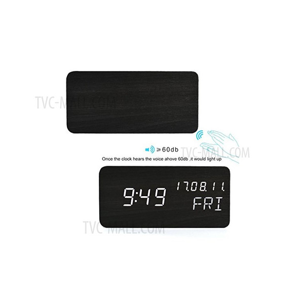 GREEN TIME LED Smart Voice Control Wood Alarm Clock with Calendar Temperature Time Display - Black