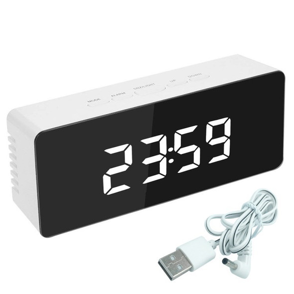 Digital Alarm Clock Large Display LED Mirror with Snooze Time Temperature Function for Bedroom Office - White/White Display