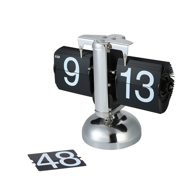 Desktop Retro Flip Over Clock Numerical Table Stand Clock Stainless Steel Gear Operated Flip Quartz Clock for Home Decor - Black