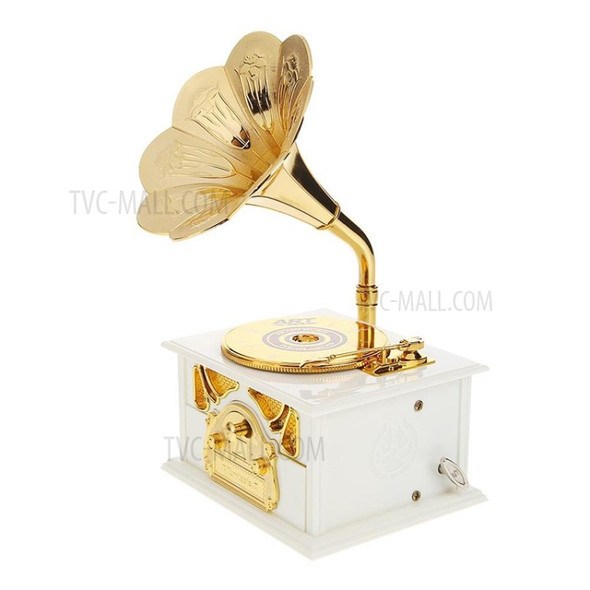 Wooden Music Box Phonograph Hand Crank Classic Music Box Home Decor - White