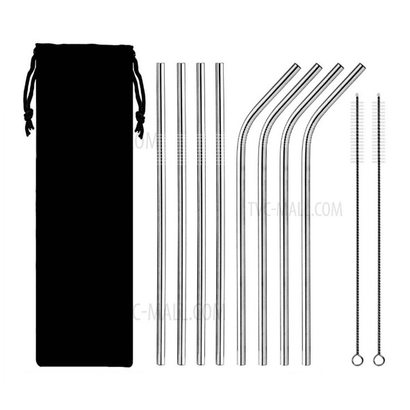 8Pcs Stainless Steel Metal Reusable Straws 8.5'' Bent and Straight Drinking Straw with 2pcs Cleaning Brushes - Silver