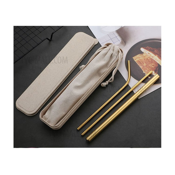 3Pcs Stainless Steel Reusable Drinking Straws + 1 Cleaning Brush Kit - Gold