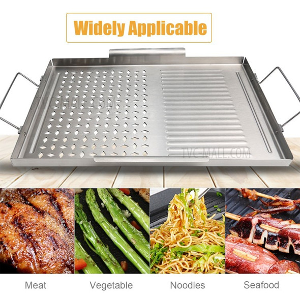 Non-stick Stainless Steel BBQ Grill Pan Barbecue Trays Portable Camping Grill with Handle Wooden Spatula